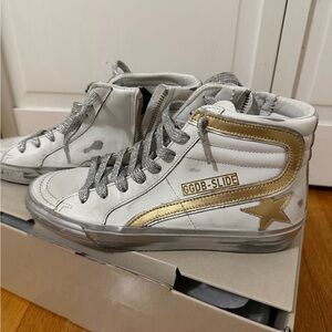 BRAND NEW GOLDEN GOOSE Shoes Slide High-Top Sneakers in White and Gold Size 37